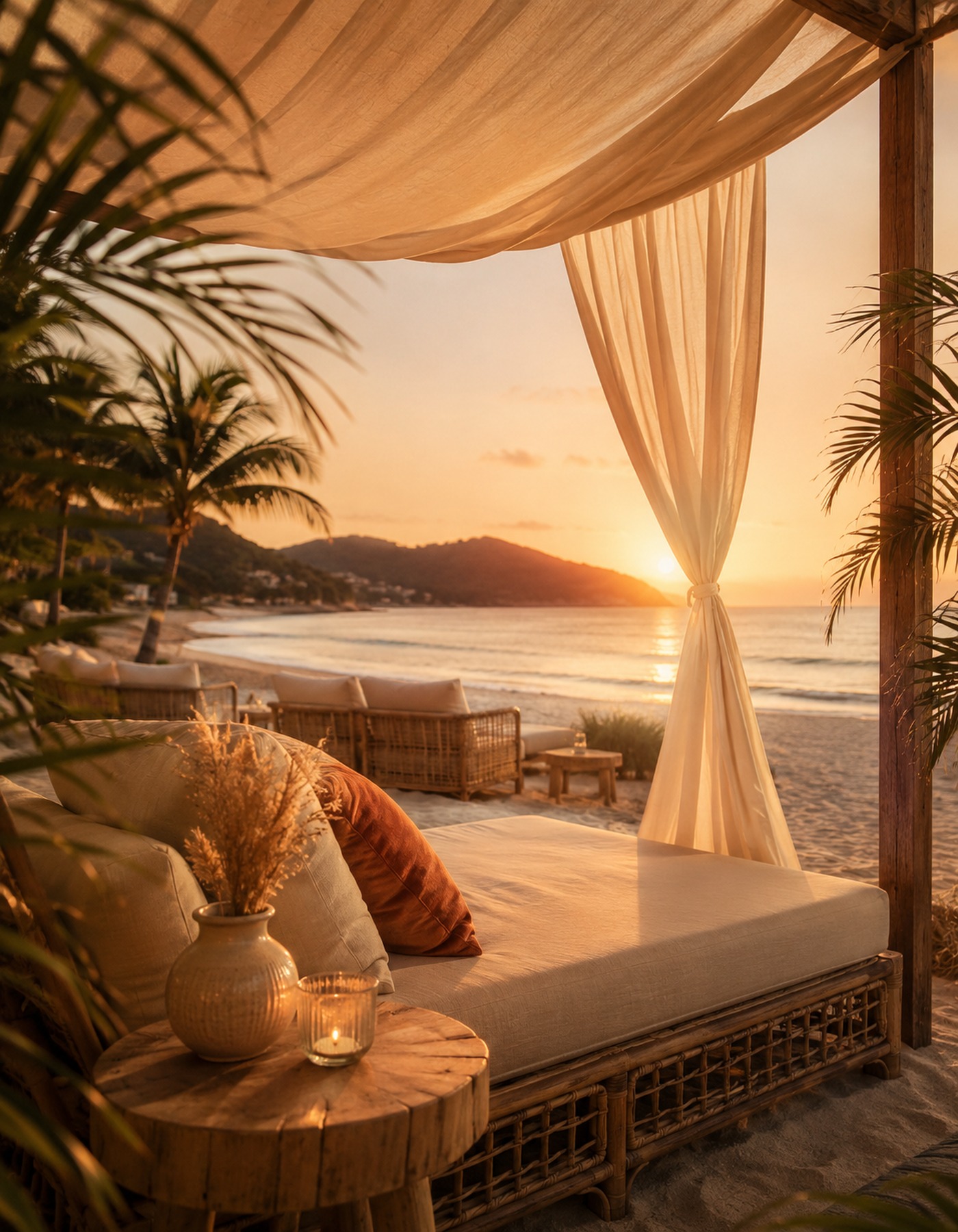 Beach daybed lounge at sunset